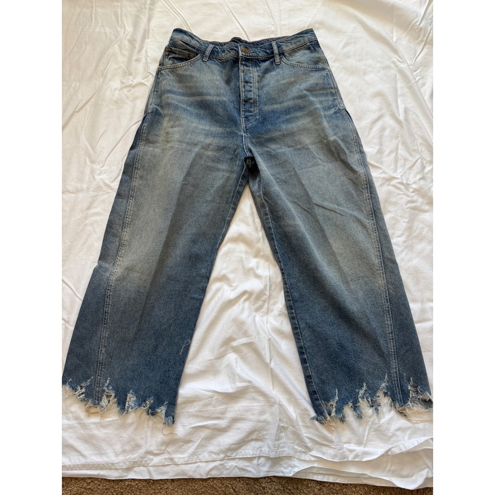 Womens High Waisted Wide Leg Distressed Frayed Hem Denim Jeans Medium Wash 30